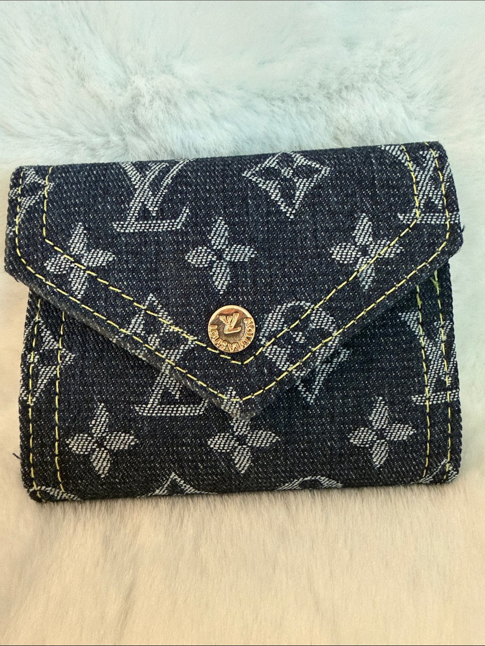 NWOT Source Unknown Denim Monogram Compact Wallet - Blue with Gold Button